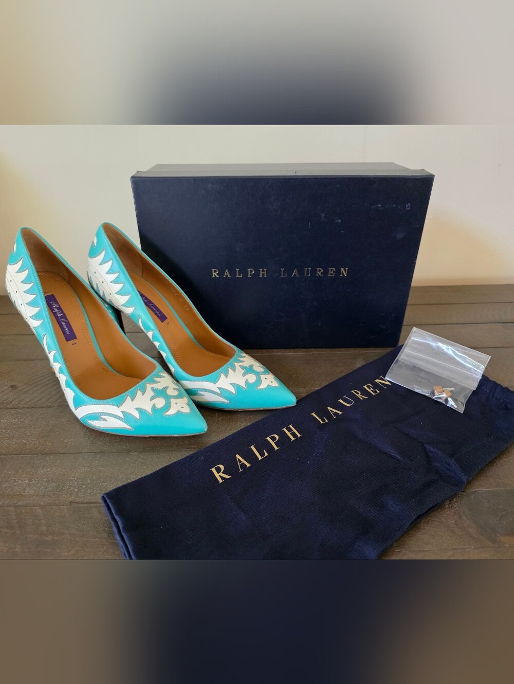 Ralph Lauren Made In Italy Celia Western Pumps Aqua Cream Leather - EU 39 US 8 - Picture 9 of 16